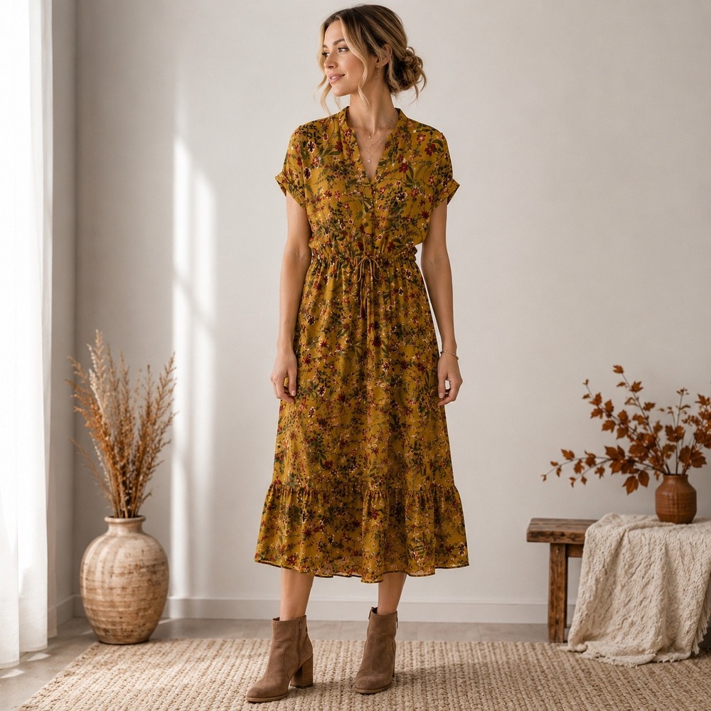 Terra & Sky Floral Midi Dress Womens Size 2X Mustard Yellow Boho Cottagecore